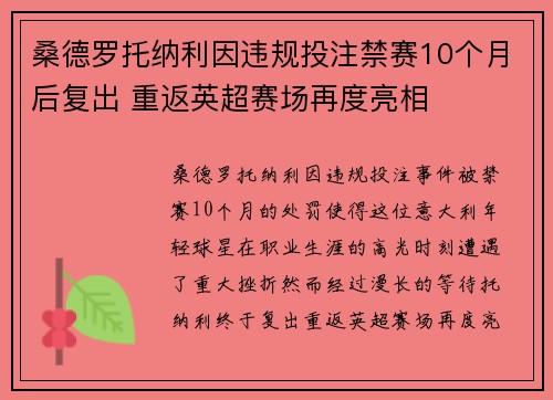 桑德罗托纳利因违规投注禁赛10个月后复出 重返英超赛场再度亮相