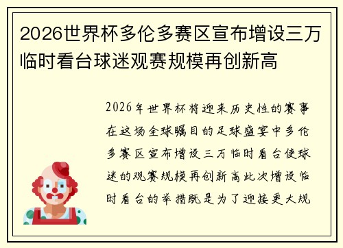 2026世界杯多伦多赛区宣布增设三万临时看台球迷观赛规模再创新高